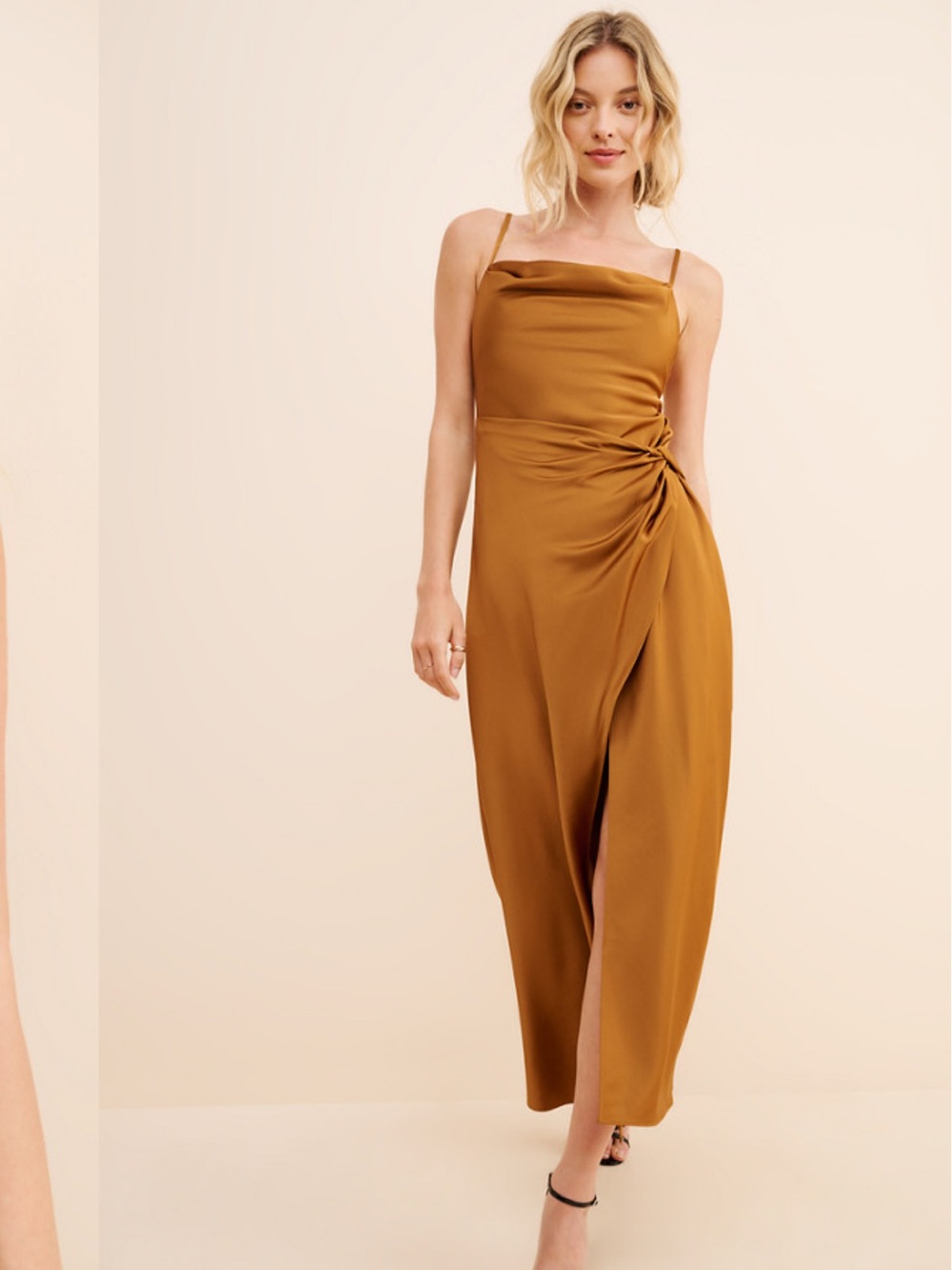 NWOT Significant Other Esme Sleeveless Satin Slip Dress in Camel